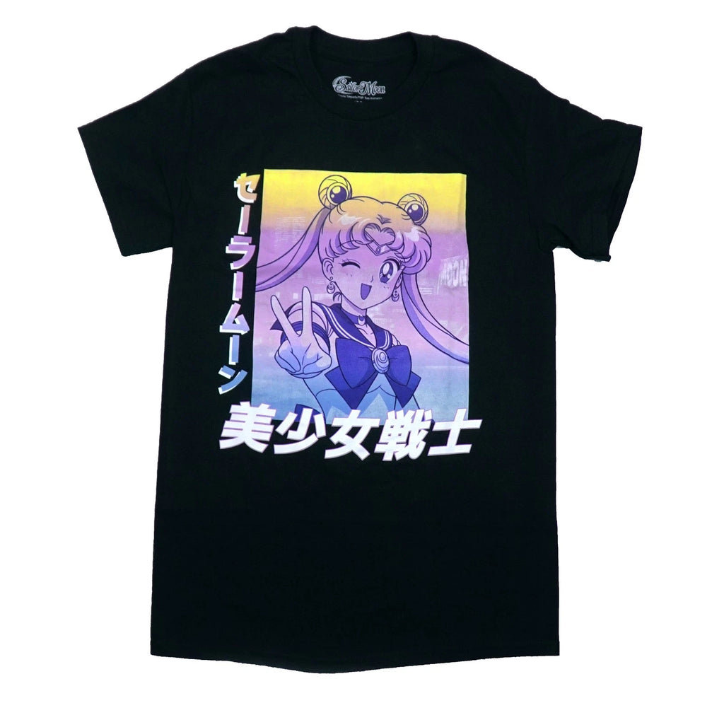 Sailor Moon Mens T-Shirt - Winking  Peace Sign Kanji Color Wave