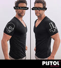 Pistol Boutique Men's Fitted Black Deep V neck Sleeve DOODLE SKULL CROSS T-shirt