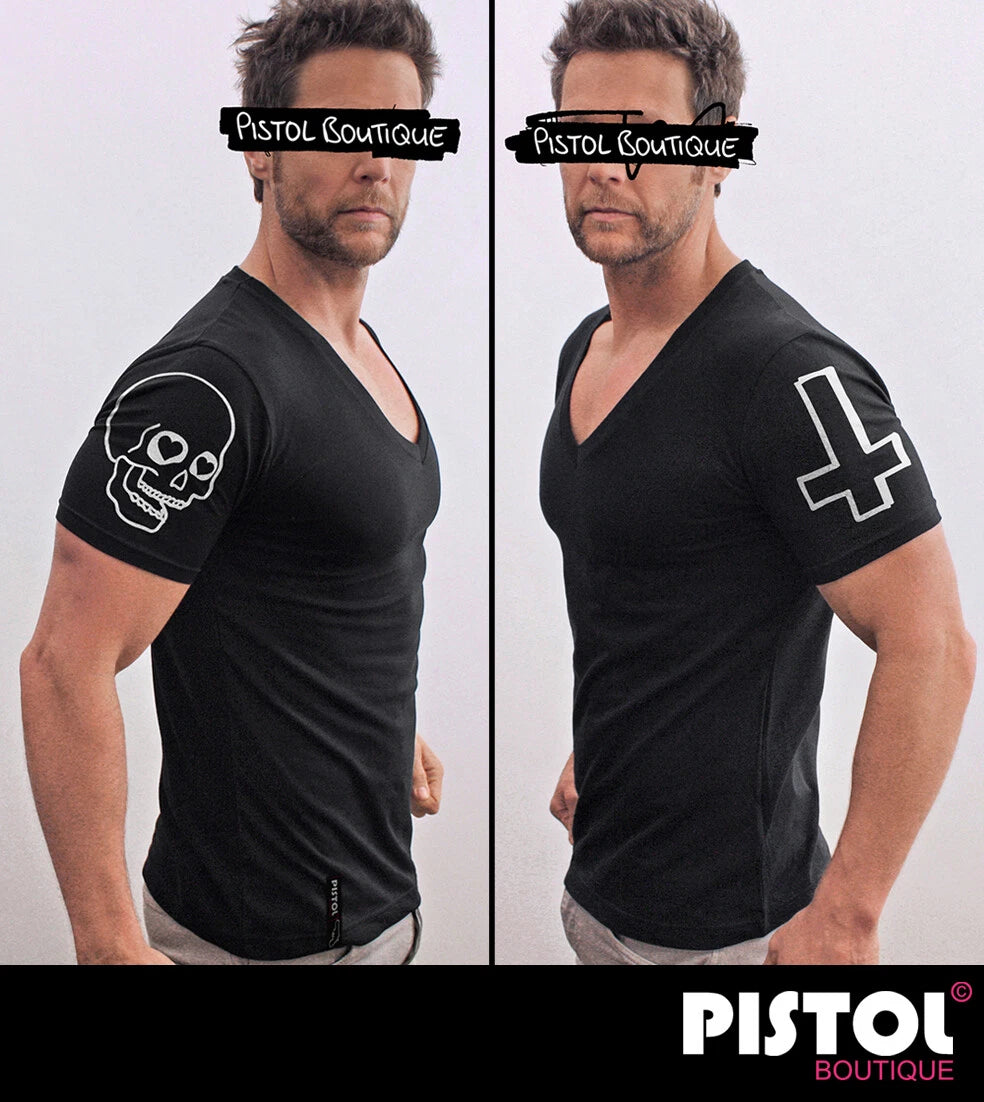 Pistol Boutique Men's Fitted Black Deep V neck Sleeve DOODLE SKULL CROSS T-shirt