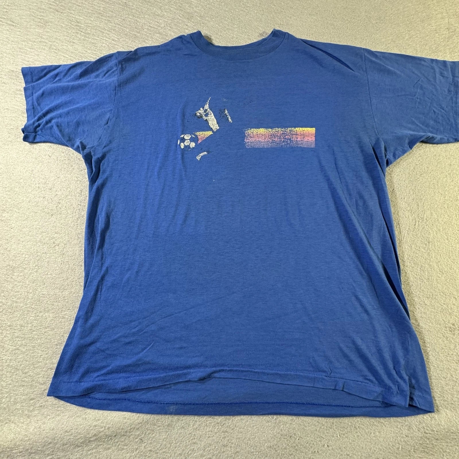 Vintage Soccer Shirt Men Extra Large Blue Distressed Graphic Tee 80s 90s Rare SS