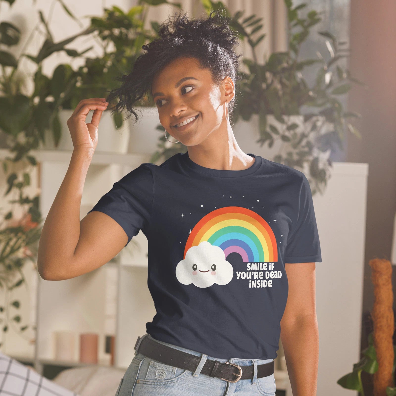 Funny Sarcastic Dark Humor Smiling Rainbow Dead Inside Adult Unisex T-Shirt