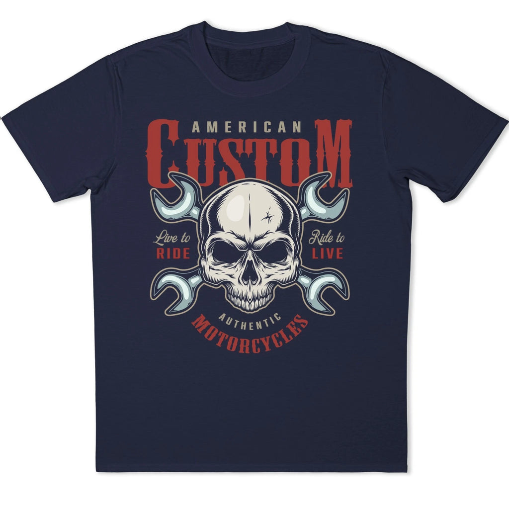Skull Biker T-Shirt Motorcycle Wrench American Custom Ride To Live Graphic Tee