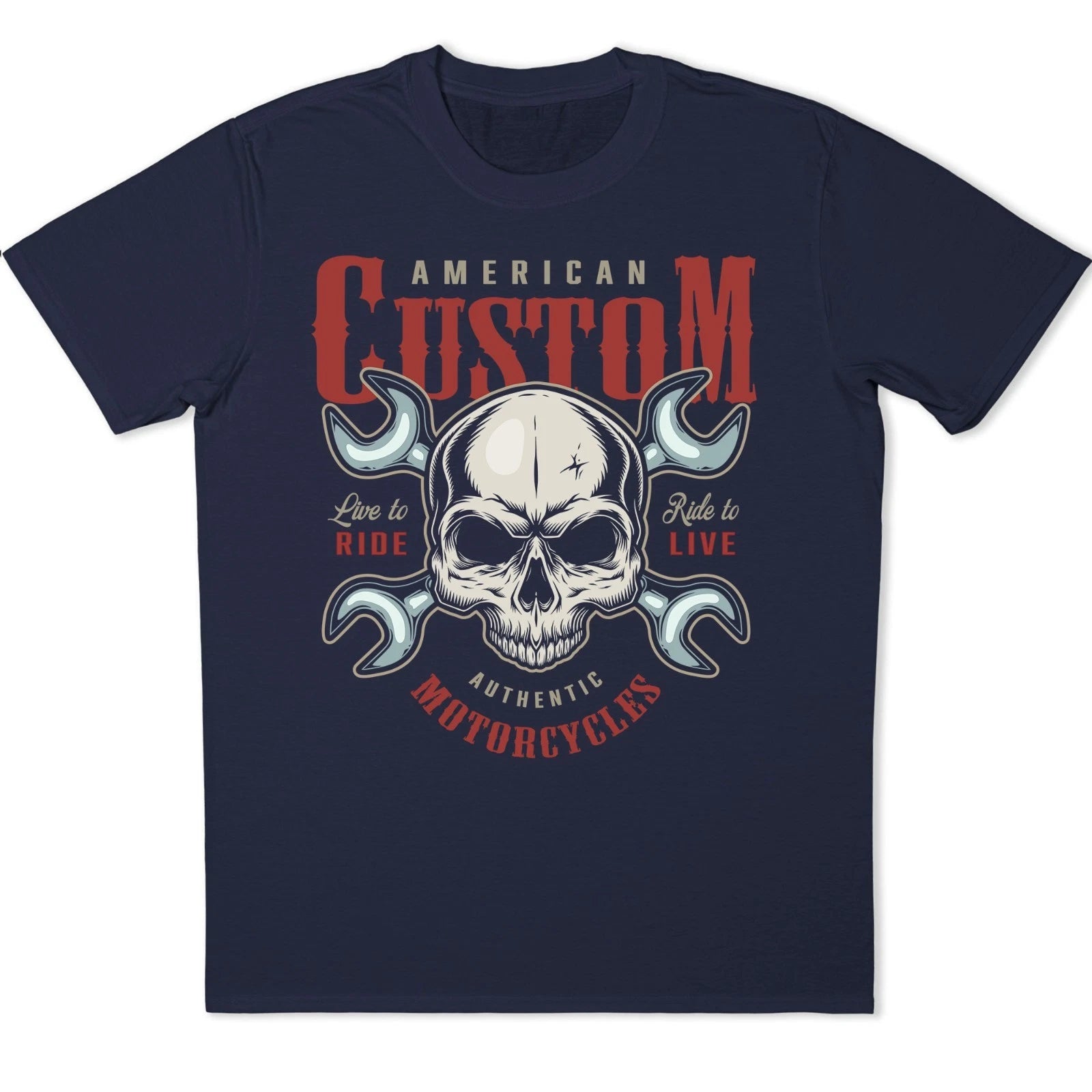 Skull Biker T-Shirt Motorcycle Wrench American Custom Ride To Live Graphic Tee