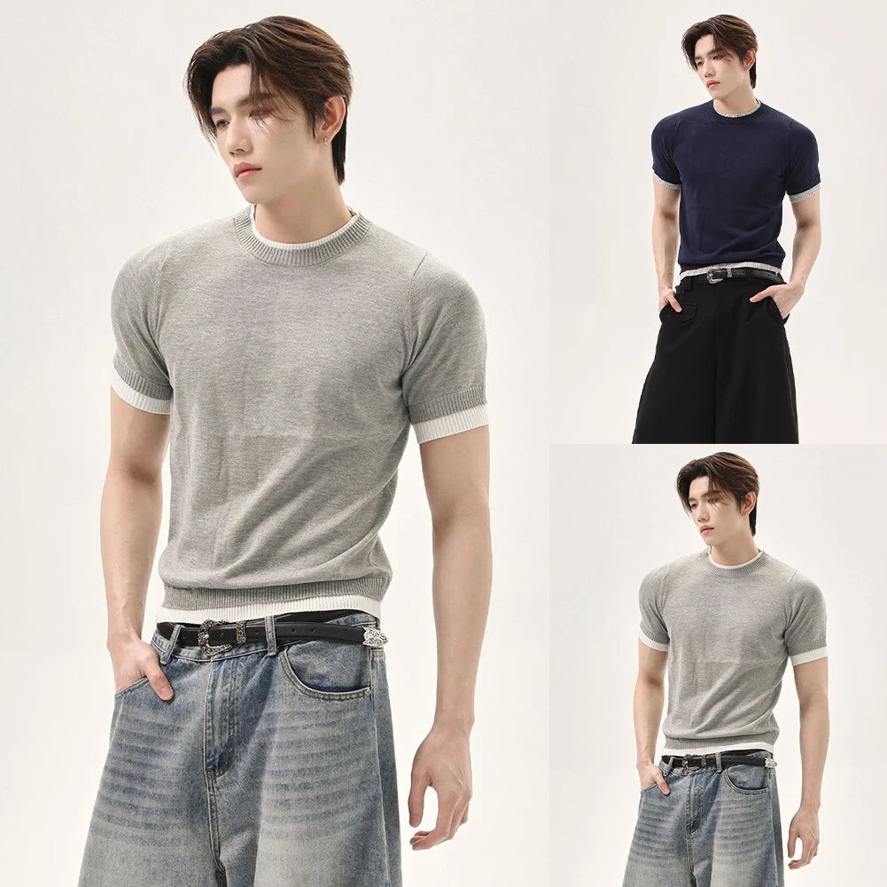 Men Knit T-shirt Daily Wear Knitted Short Sleeve O-neck Regular Length