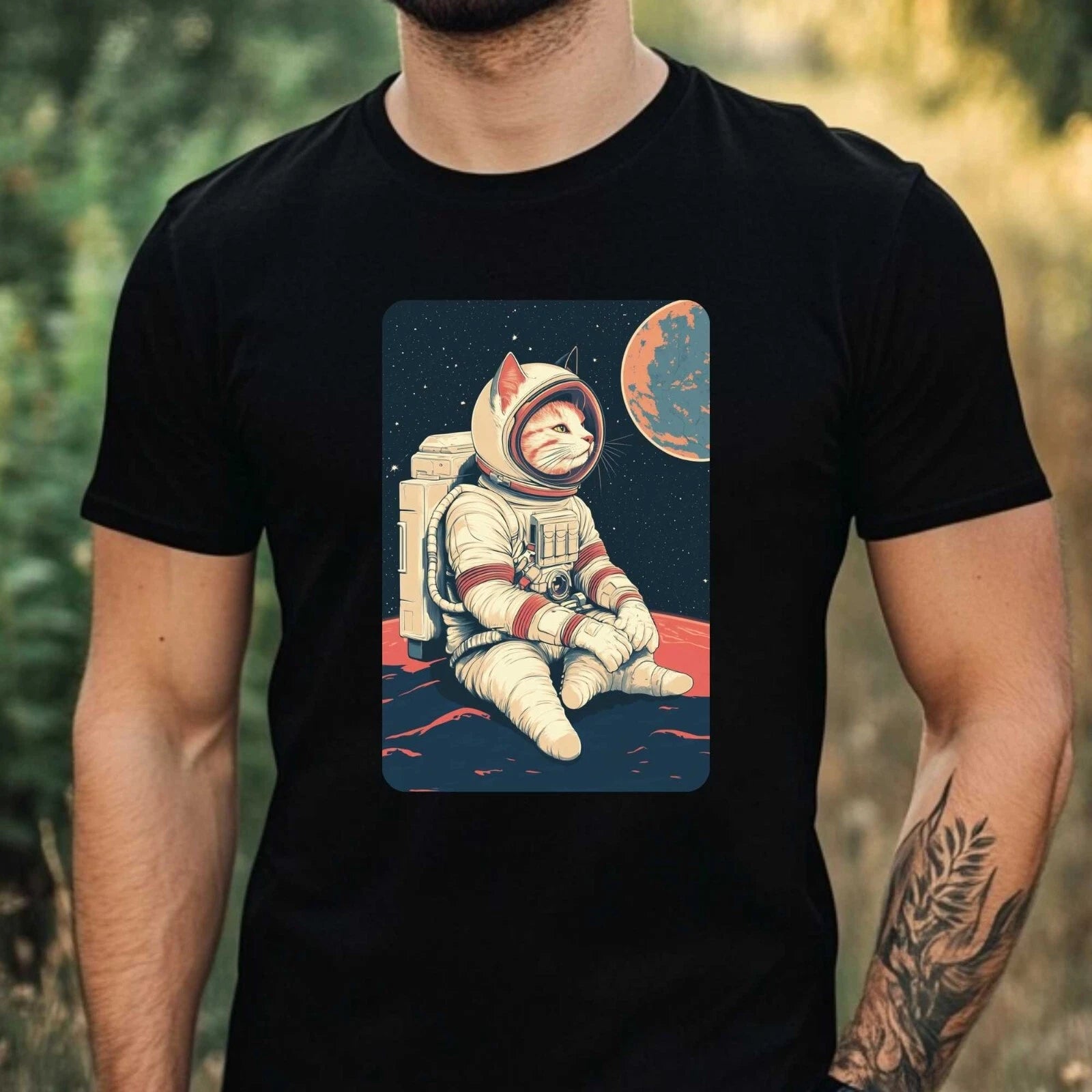 Mens Cat as Astronaut Print Cotton T-Shirt Size XS to 5XL