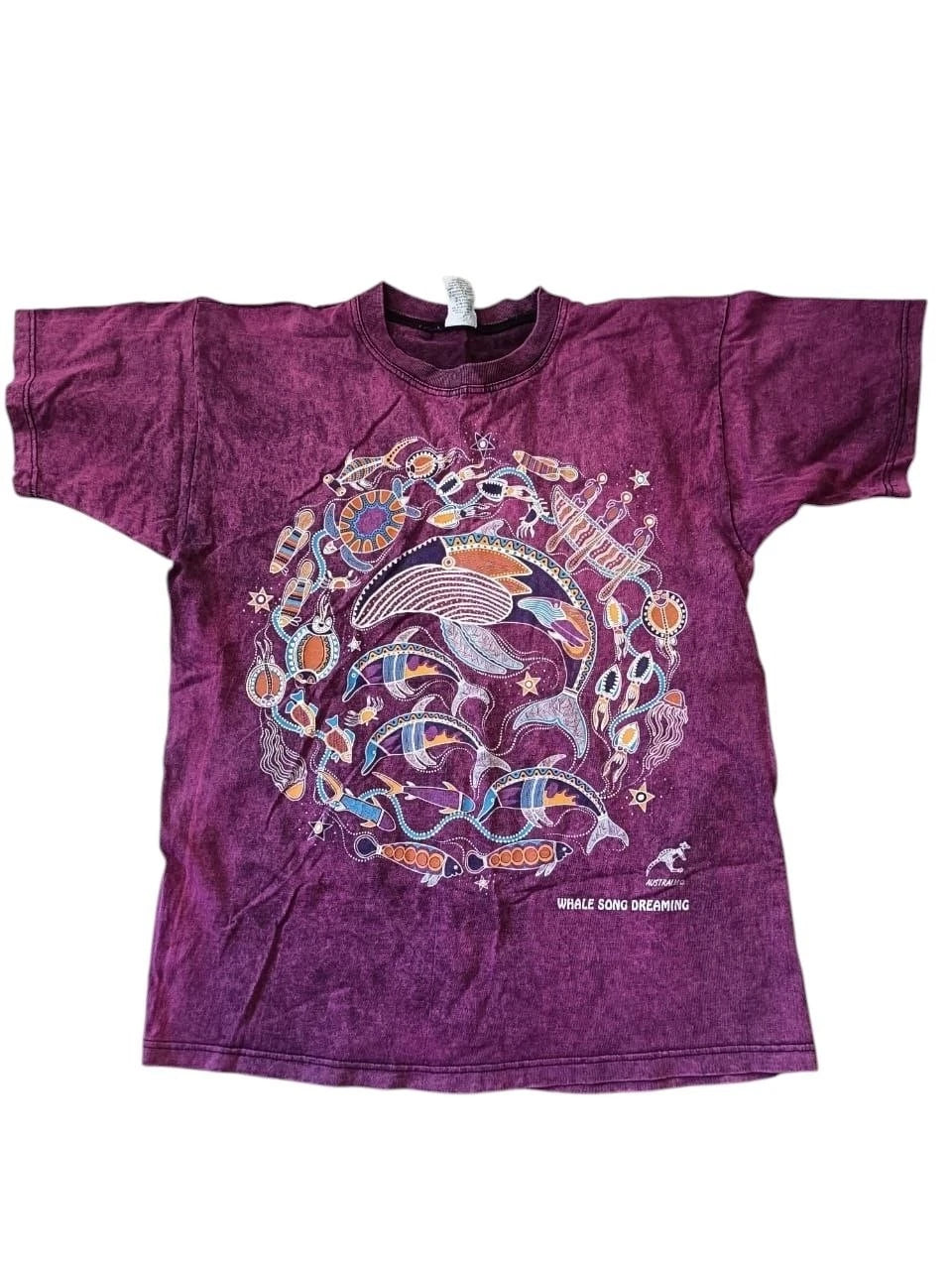 Vintage Australia Whale Song Dreaming T-Shirt Aboriginal Art Graphic Purple