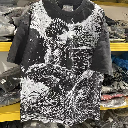 Anime Berserk Armor Guts Double Sided Vintage Wash Heavyweight Cotton T-Shirt