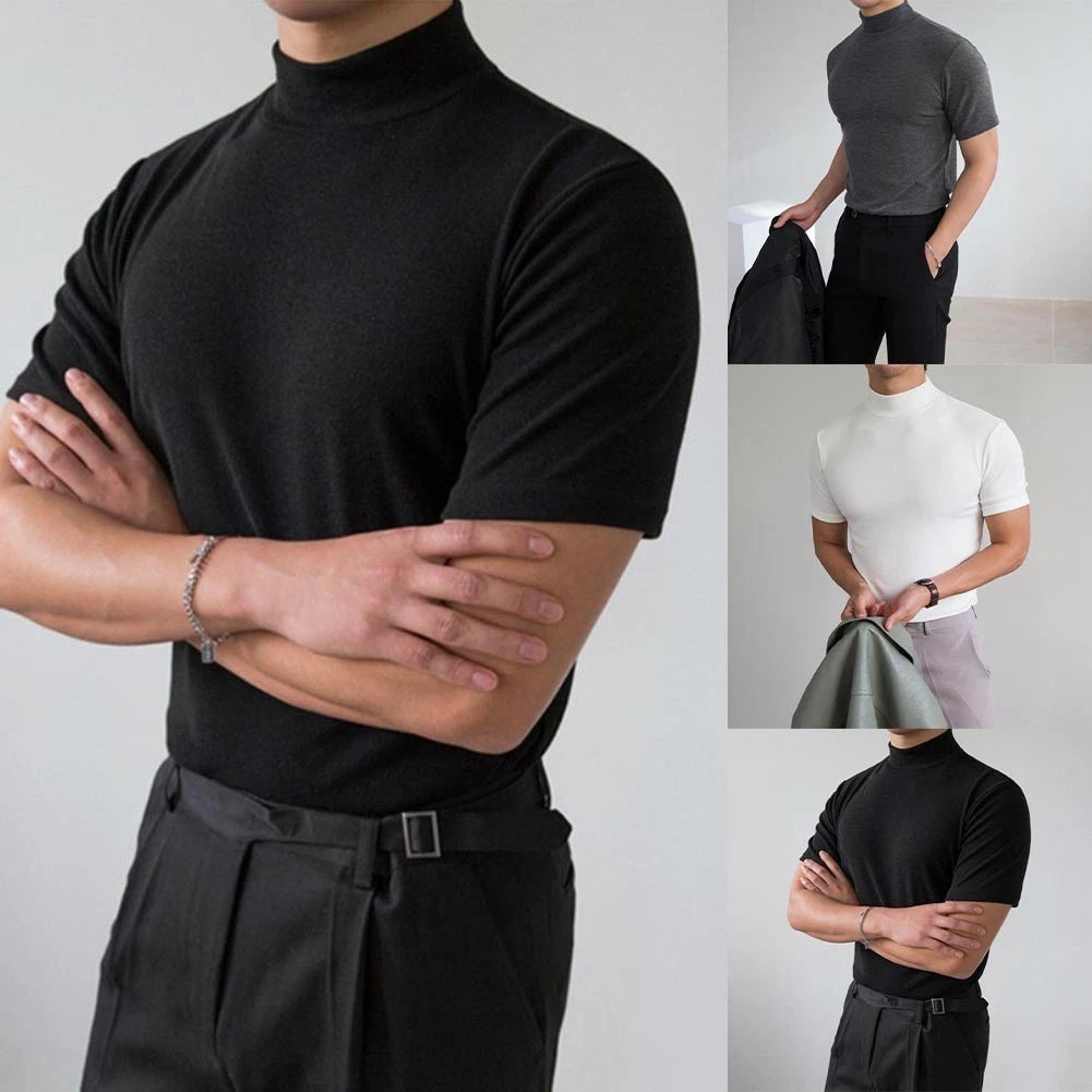 Polyester Spandex Men's Slim Fit Half High Collar T Shirt Short Sleeve Casual