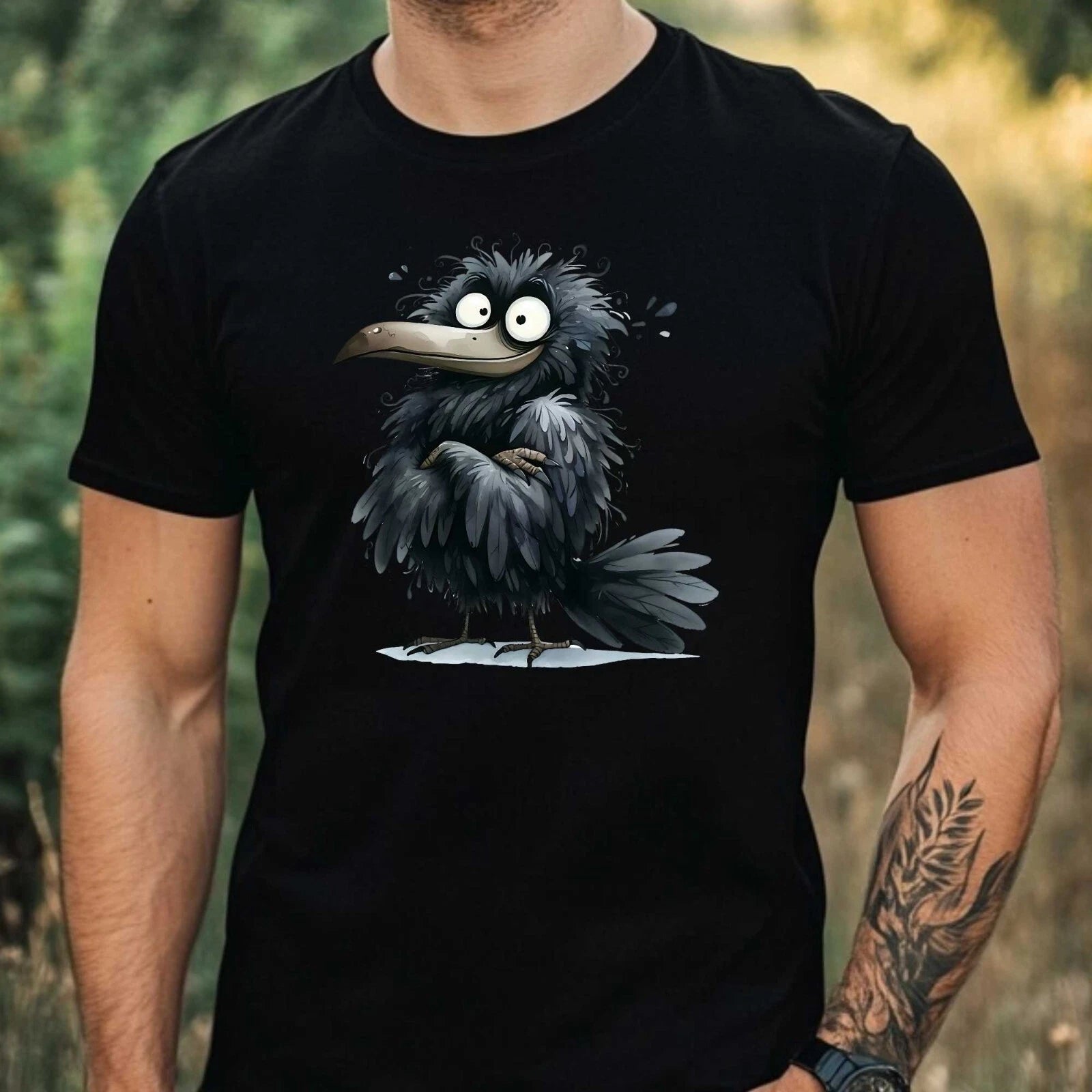 Mens Funny Black Raven Crow Motif Cotton T-Shirt Size XS to 5XL