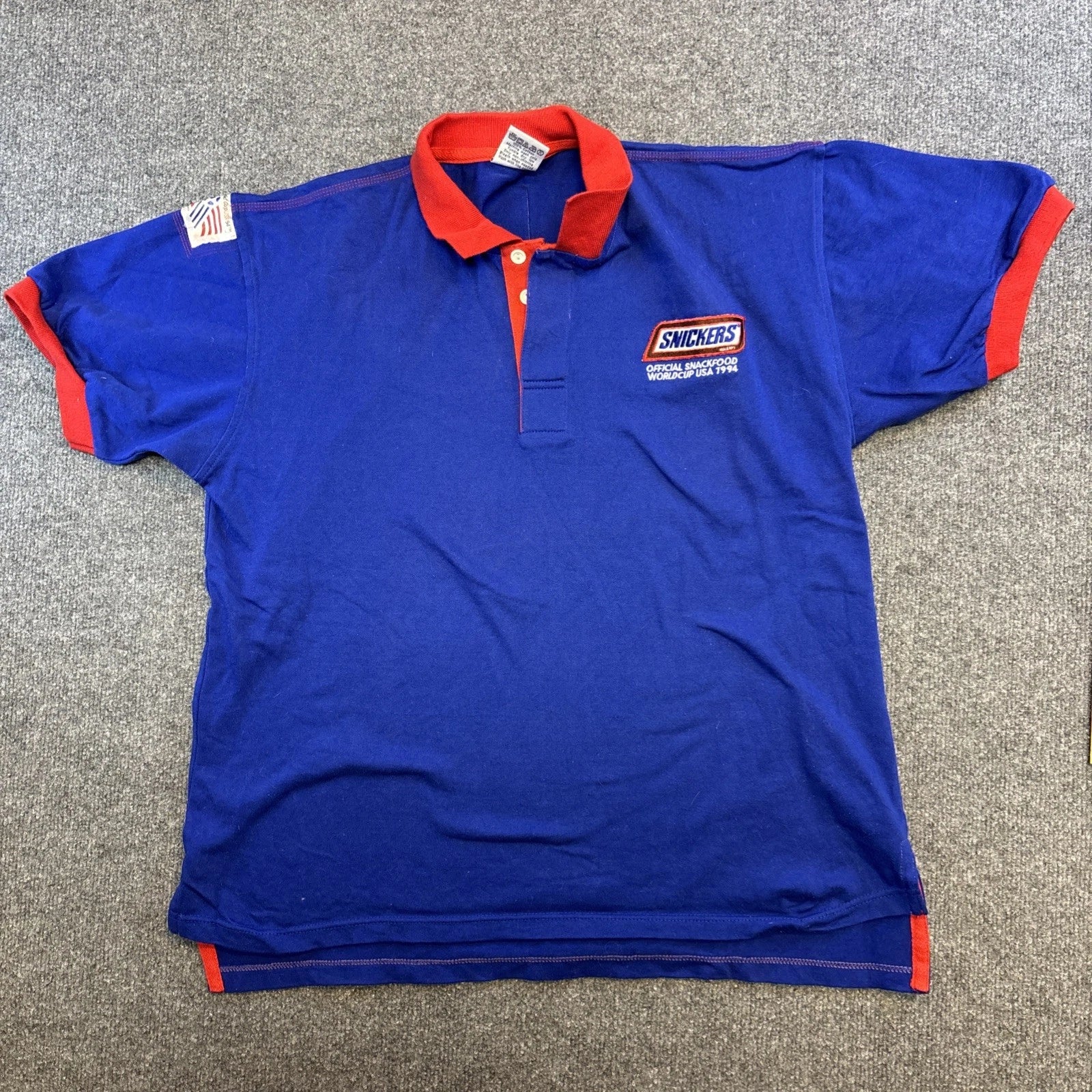 Vintage Snickers Promo World Cup USA 1994 Fits Medium Boxy Blue Polo Shirt 90s