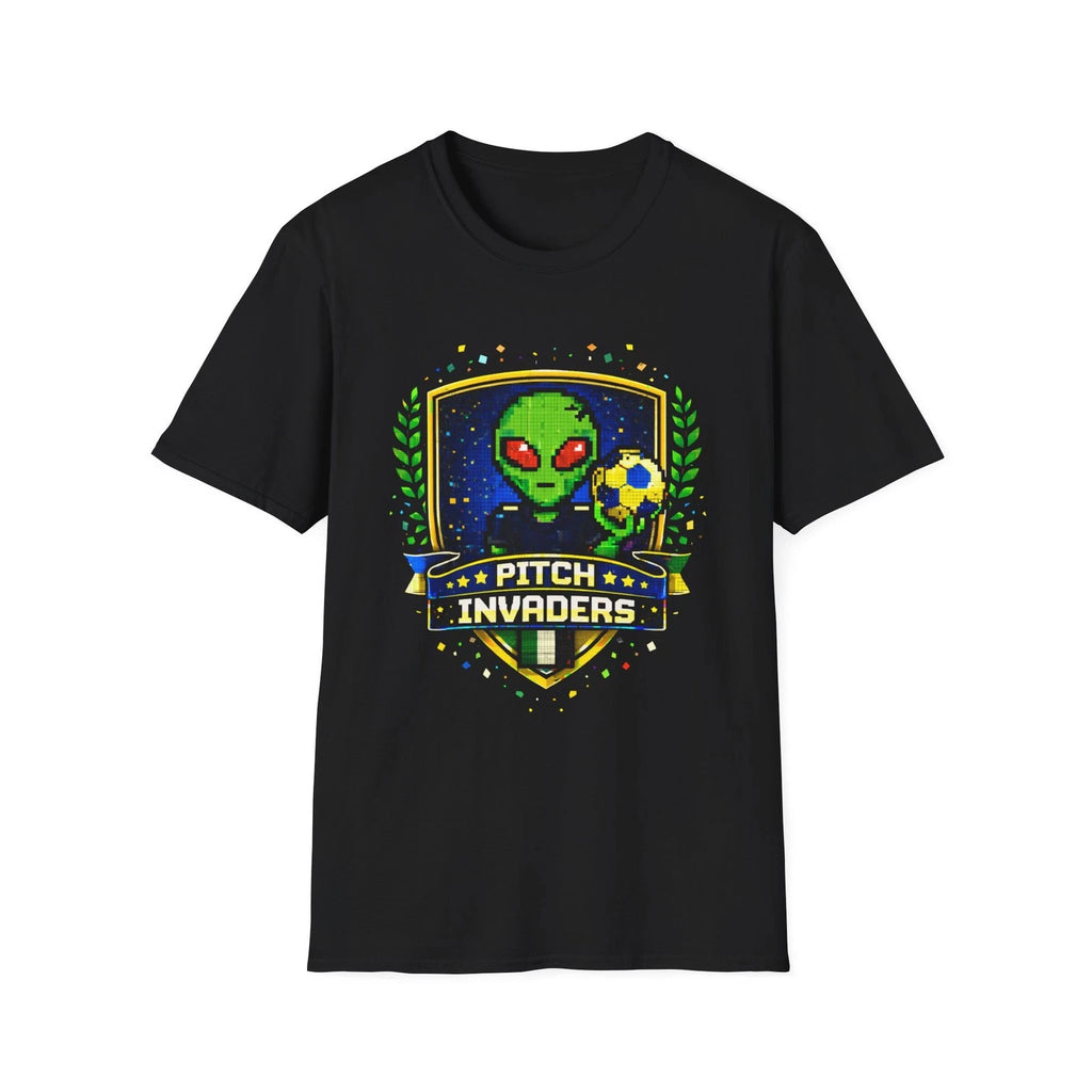 Alien Soccer Crest T-Shirt Pitch Invaders Pixel Art Space Football Badge Tee