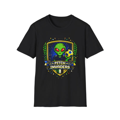 Alien Soccer Crest T-Shirt Pitch Invaders Pixel Art Space Football Badge Tee