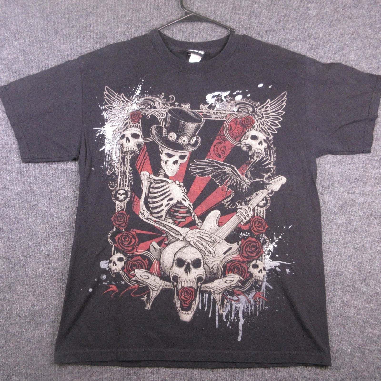 Y2K Hybrid Tees Shirt Mens Large Black Skeleton Guitar Roses Graphic Tee Gothic
