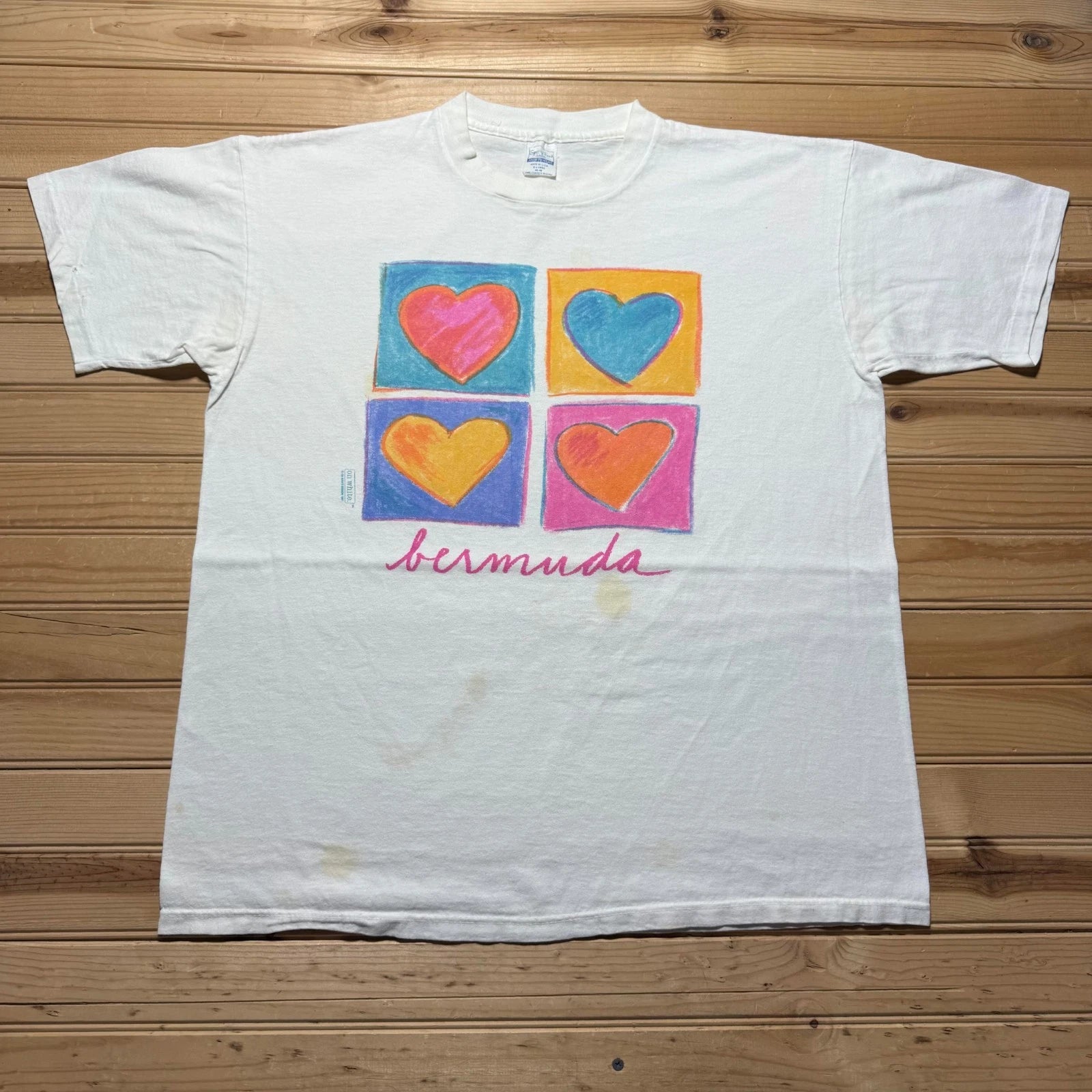 Vintage 1991 Bermuda Caribbean Pop Art Hearts Graphic Souvenir T-Shirt USA - XL