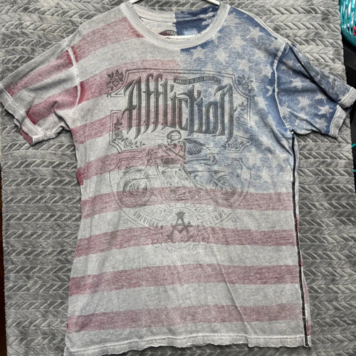 Affliction T-Shirt XL Red White Blue Excellent American Flag Motorcycle (1629)