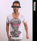 Pistol Boutique men's White Fitted Deep V neck GRAFFITI TATTOOS STATUE T-shirt