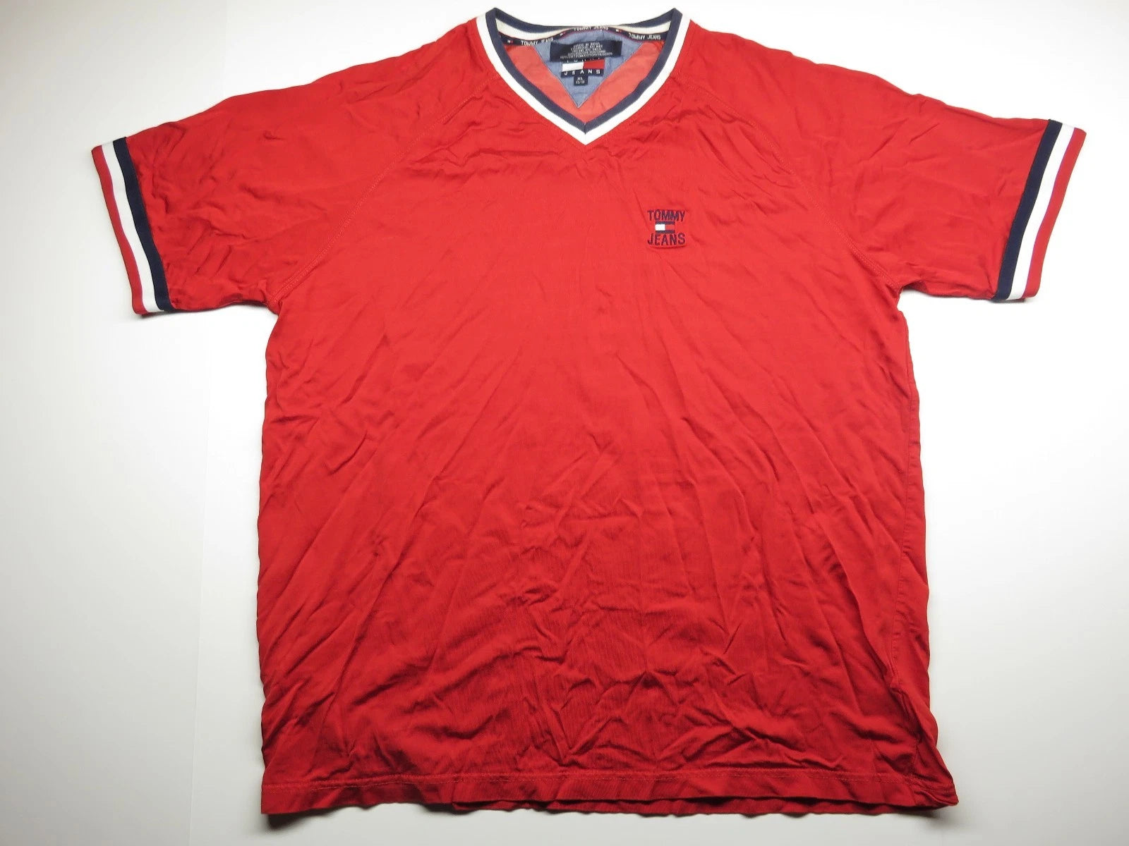 90s Red Tommy Jeans Soccer Style Jersey T-Shirt With Logo on Front Adult Size XL