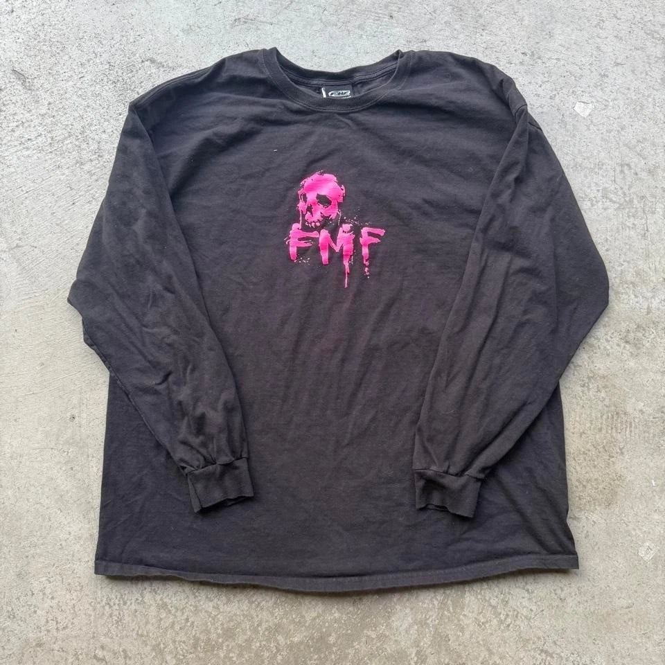 Early 2000s FMF Motorcycle Skull Paint Splatter Longsleeve Shirt Racing Grunge
