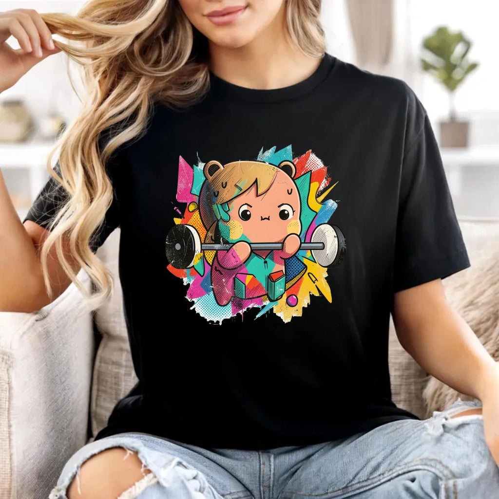 Cute Weightlifting T-Shirt - Kawaii Gym Cartoon olorful Unisex Workout Tee Top