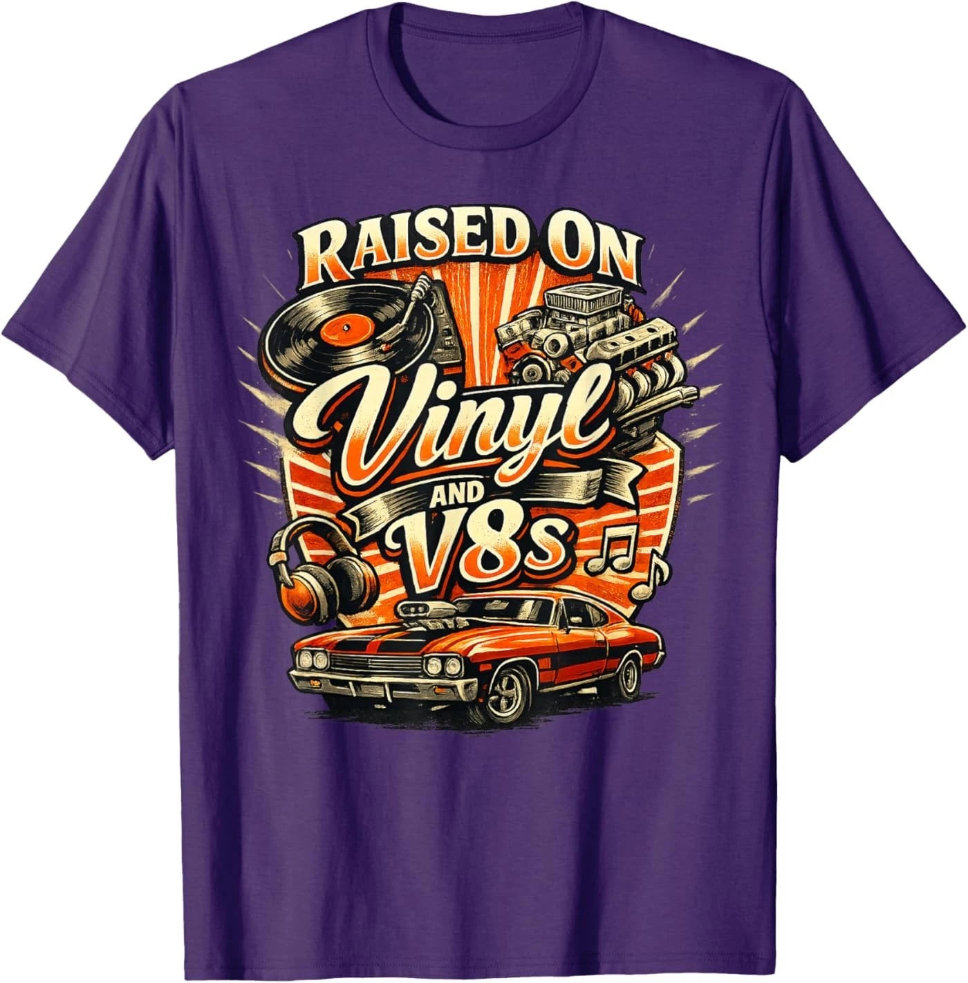 Vintage Raised On Vinyl and V8s Retro Car Music Culture Unisex T-Shirt