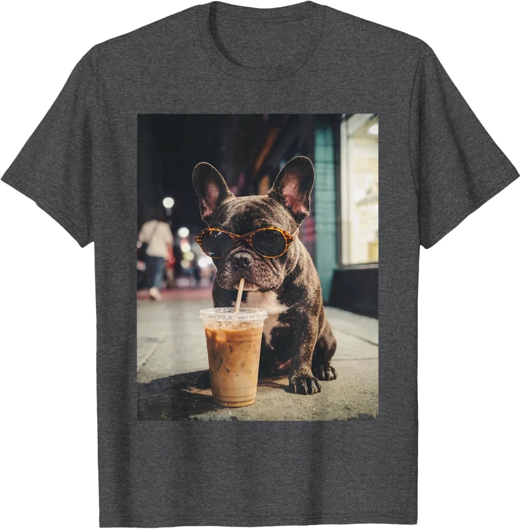 French Bulldog Drinking Iced Coffee Funny Animal T-Shirt
