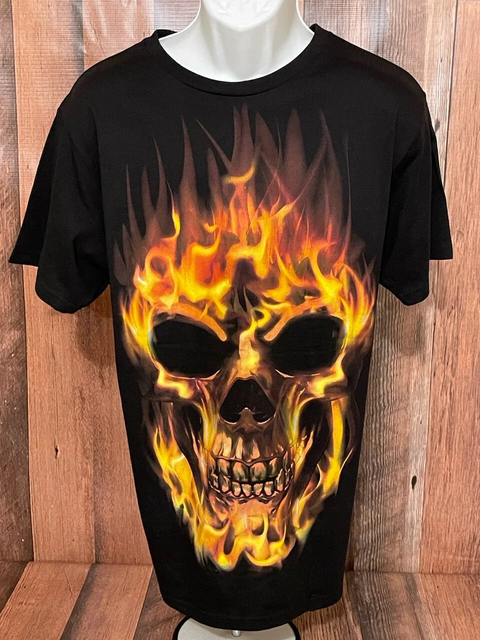 Flaming Skull Biker Tee Shirt Black Short Sleeve Various Sizes