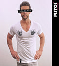 Pistol Boutique men's White Fitted Deep V neck SHOULDER TATTOO SWALLOWS T-shirt