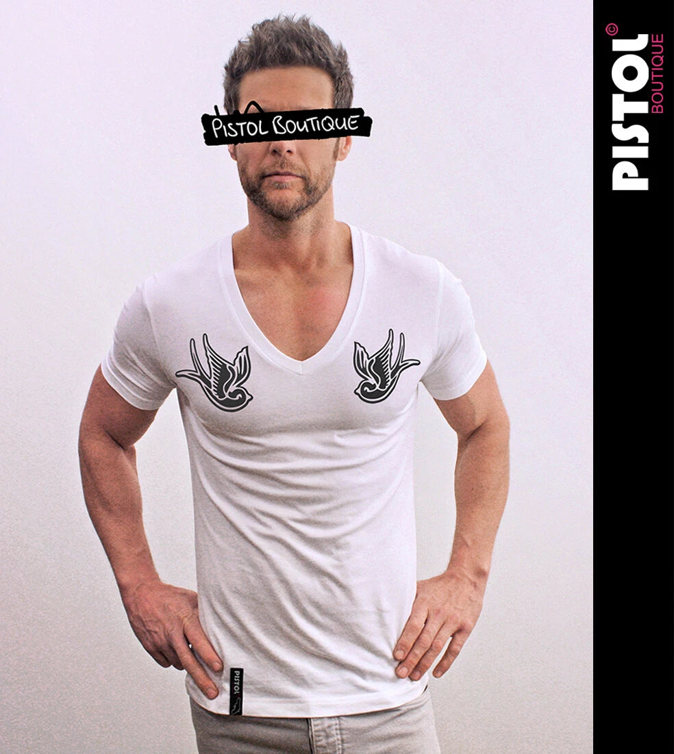 Pistol Boutique men's White Fitted Deep V neck SHOULDER TATTOO SWALLOWS T-shirt