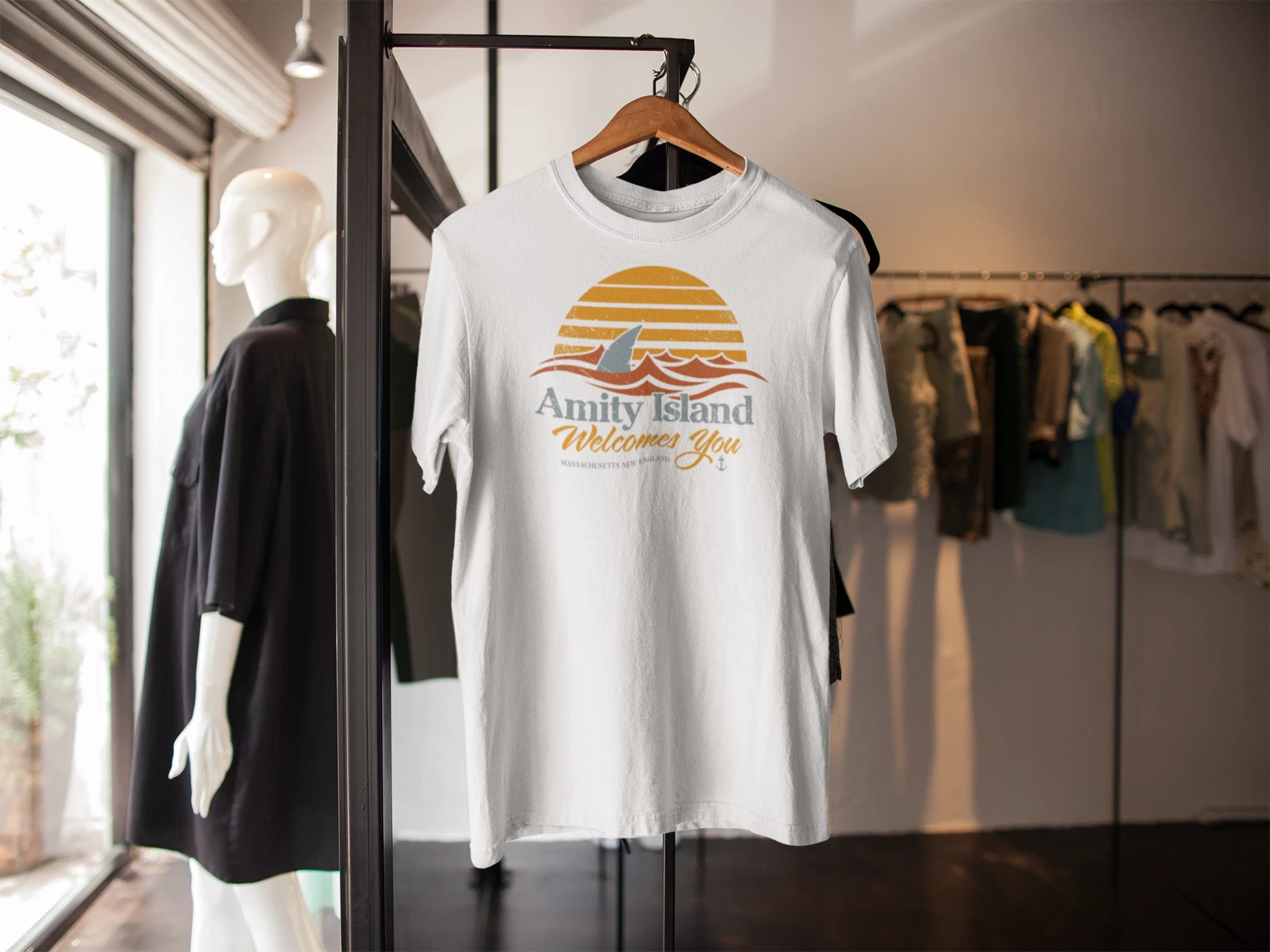 AMITY ISLAND T SHIRT JAWS INSPIRED QUINTS RETRO 70s MOVIE MENS WOMENS KIDS