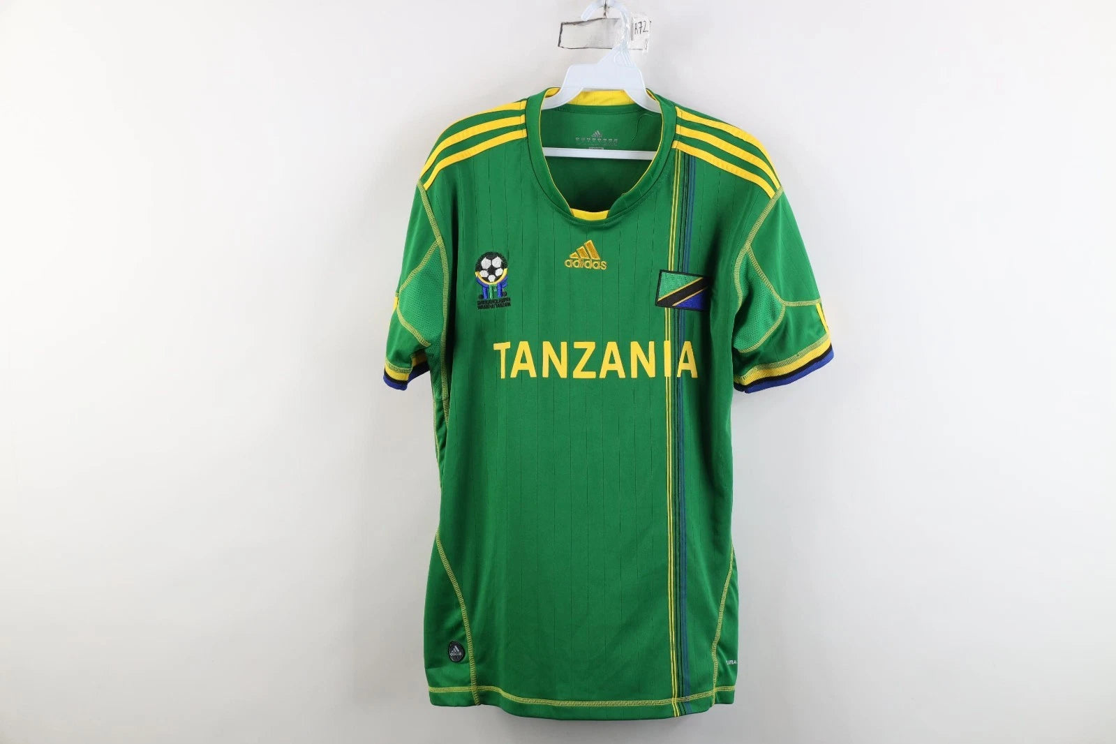 Vintage Adidas Mens XL World Cup Tanzania Soccer Jersey Green Striped Football