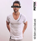 Pistol Boutique Men's Fitted White Deep V Neck NOBODY LIVES FOREVER T-shirt