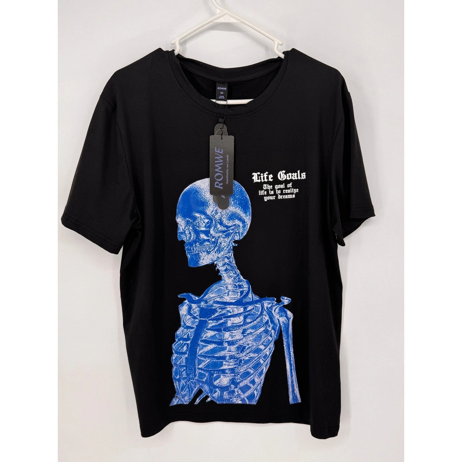 Romwe Graphic Tee Mens Medium Black New Skeleton Life Goals Blue Goth Streetwear
