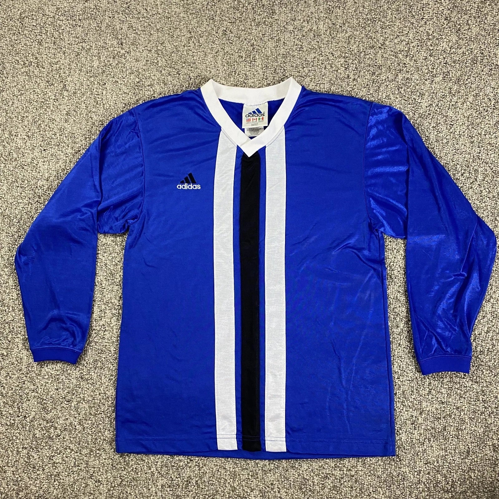 Vintage ADIDAS 3 Stripe Blue V-Neck Long Sleeve Mens Small Soccer Shirt Made USA