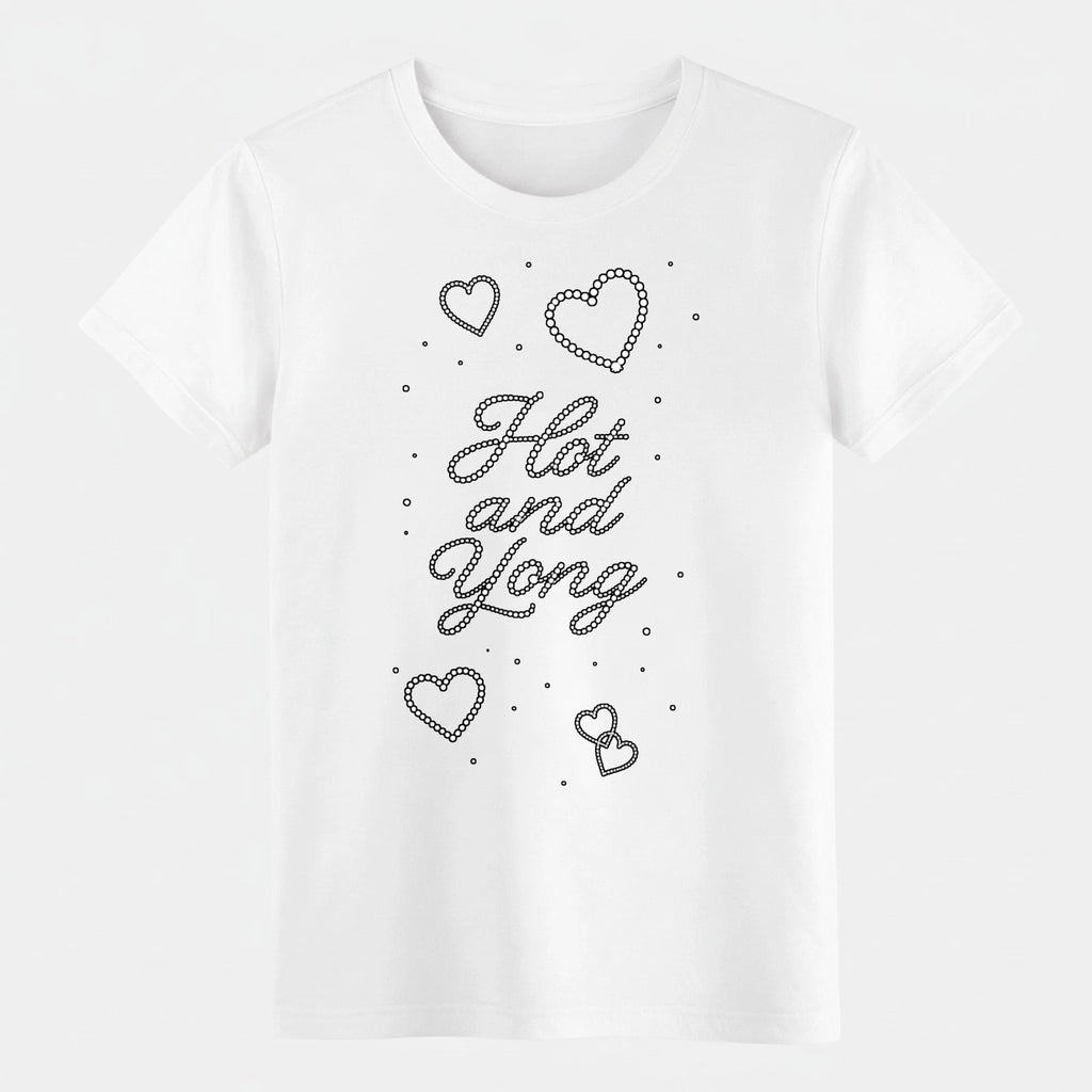 "Hot and Young" Rhinestone-Style Graphic T-Shirt, Cute Hearts Casual Cotton Tee