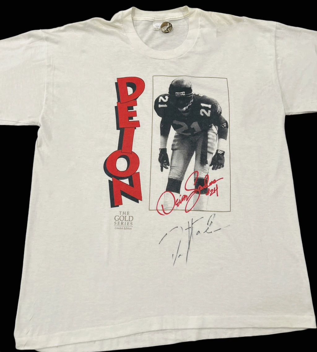 Vintage Deion Sanders Autographed Football XL T-Shirt Verified Authentic By JSA
