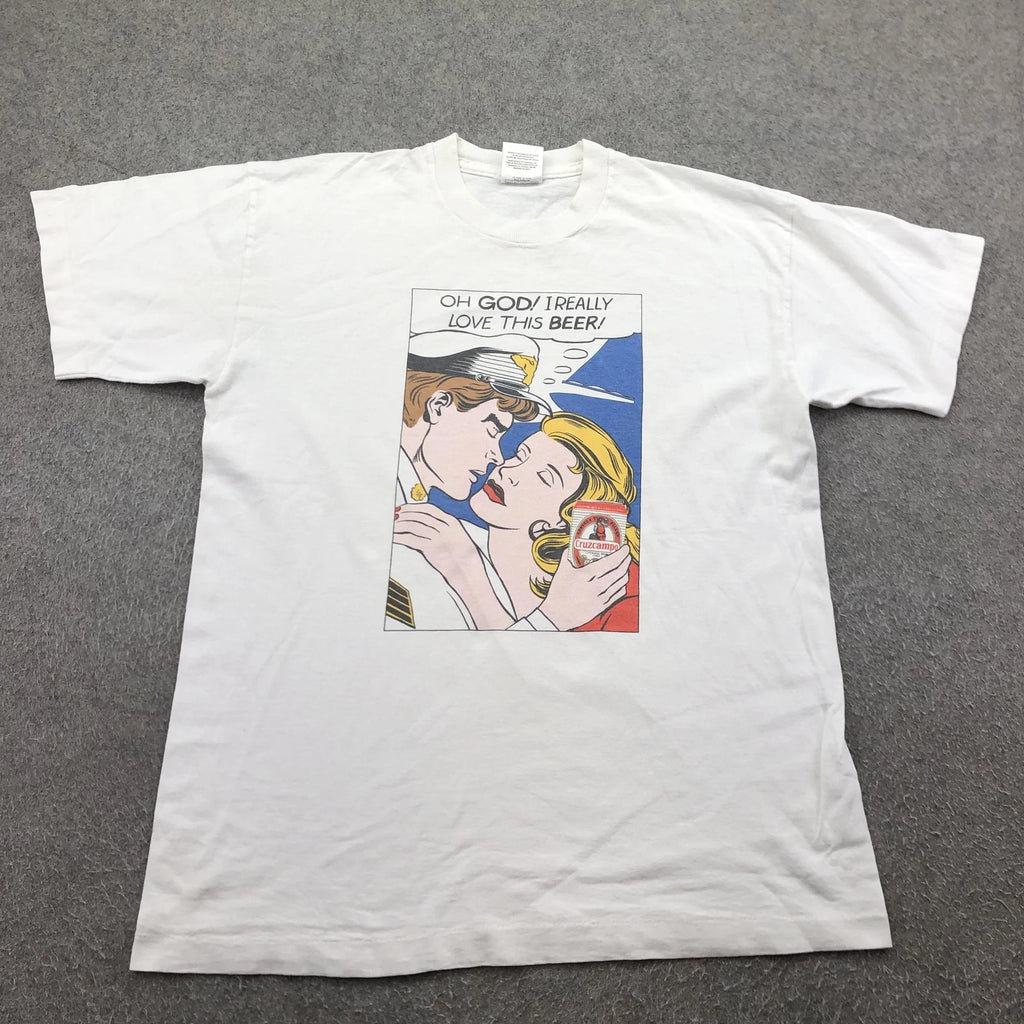 Vintage Cruzcampo Beer Shirt Mens Large White Fruit Of The Loom Pop Art Graphic