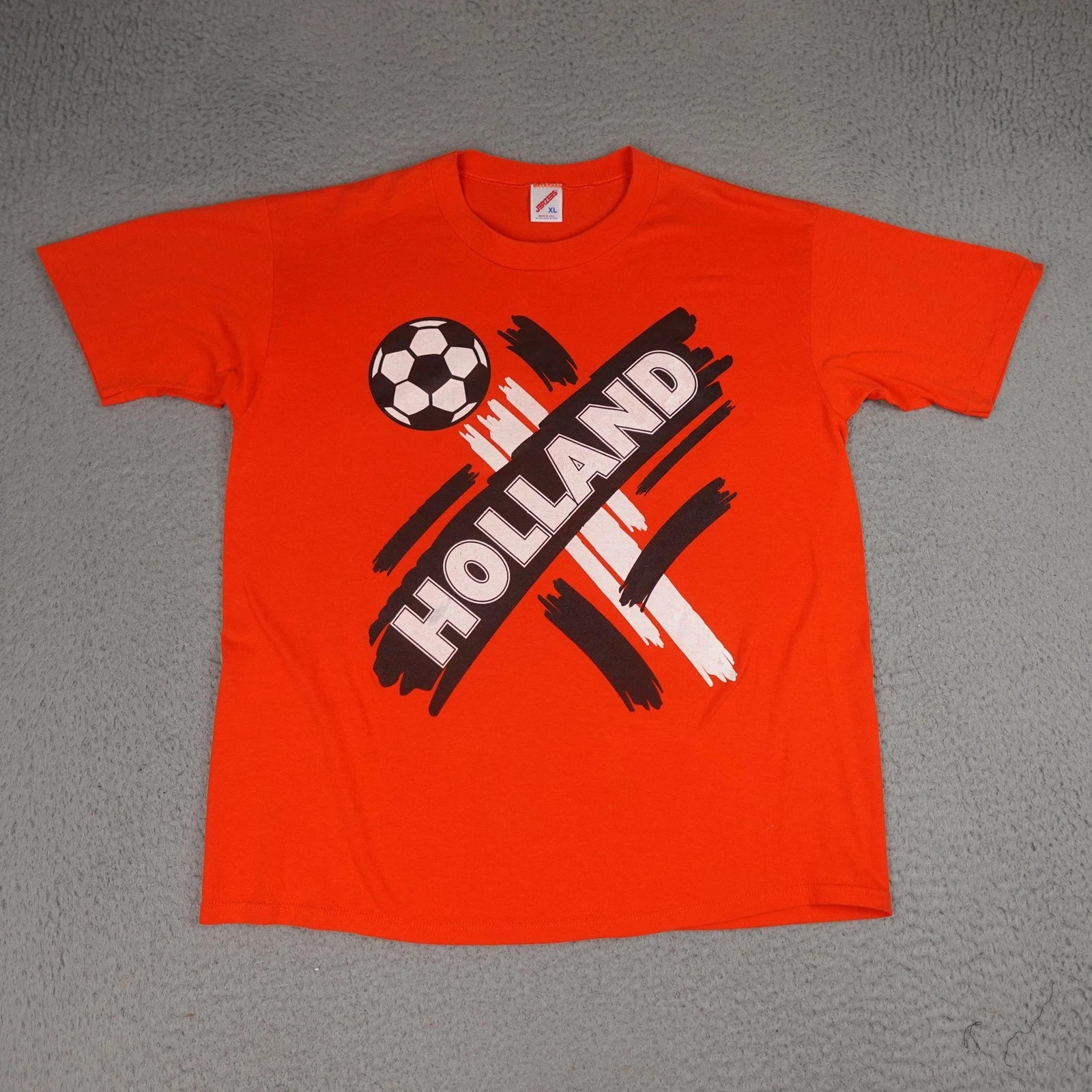 Vintage Holland Soccer Shirt Mens XL Orange Jerzees Made In USA Graphic Tee 80s