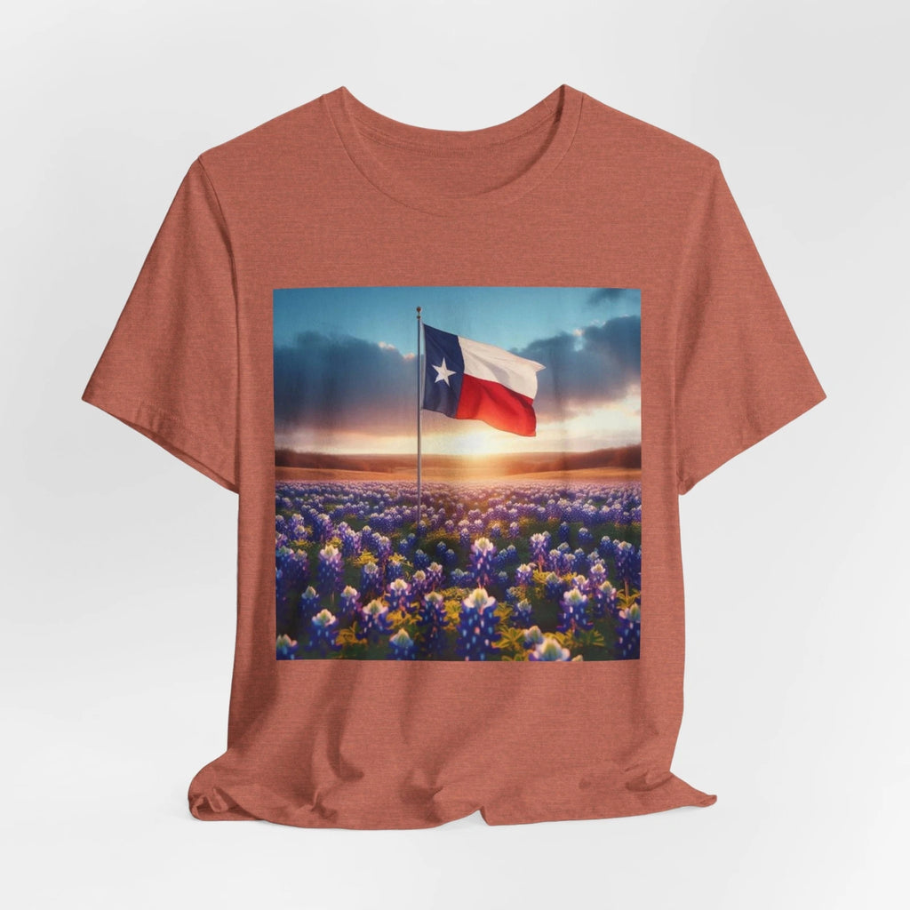 Unisex Jersey Short Sleeve Tee: Texas Flag w/ Bluebonnets