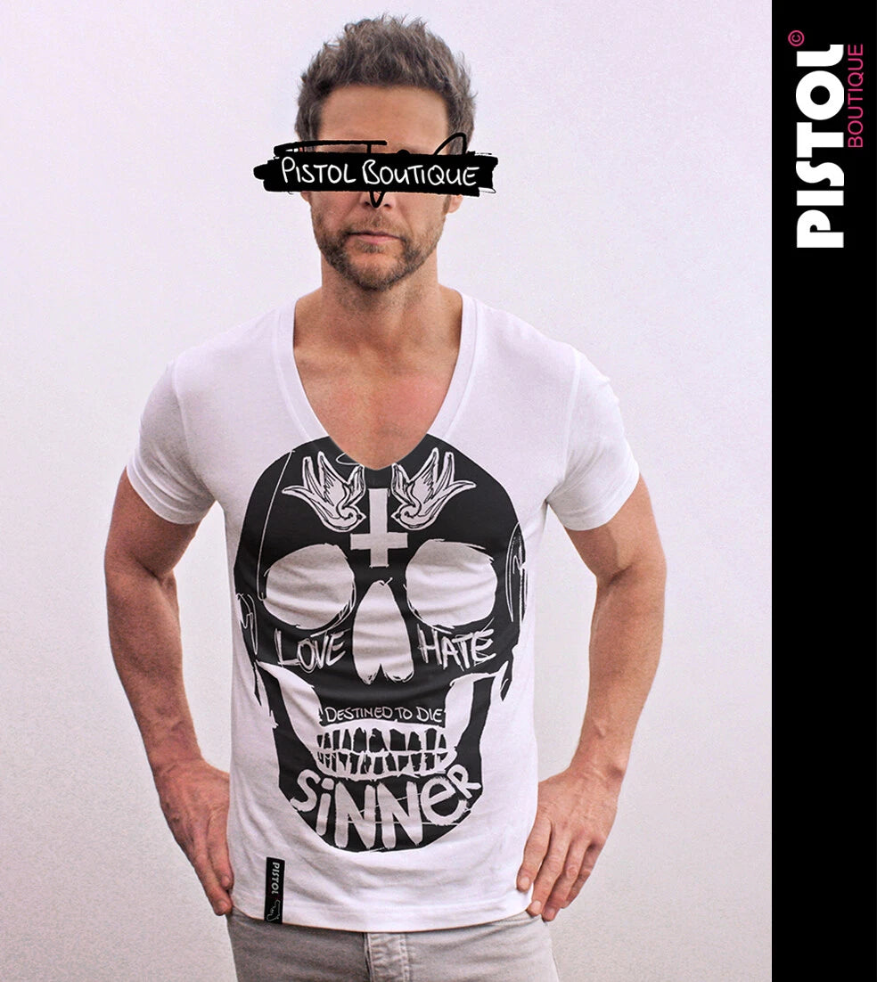 Pistol Boutique Mens Fitted White Deep V neck SINNER SWALLOW CROSS SKULL T-shirt