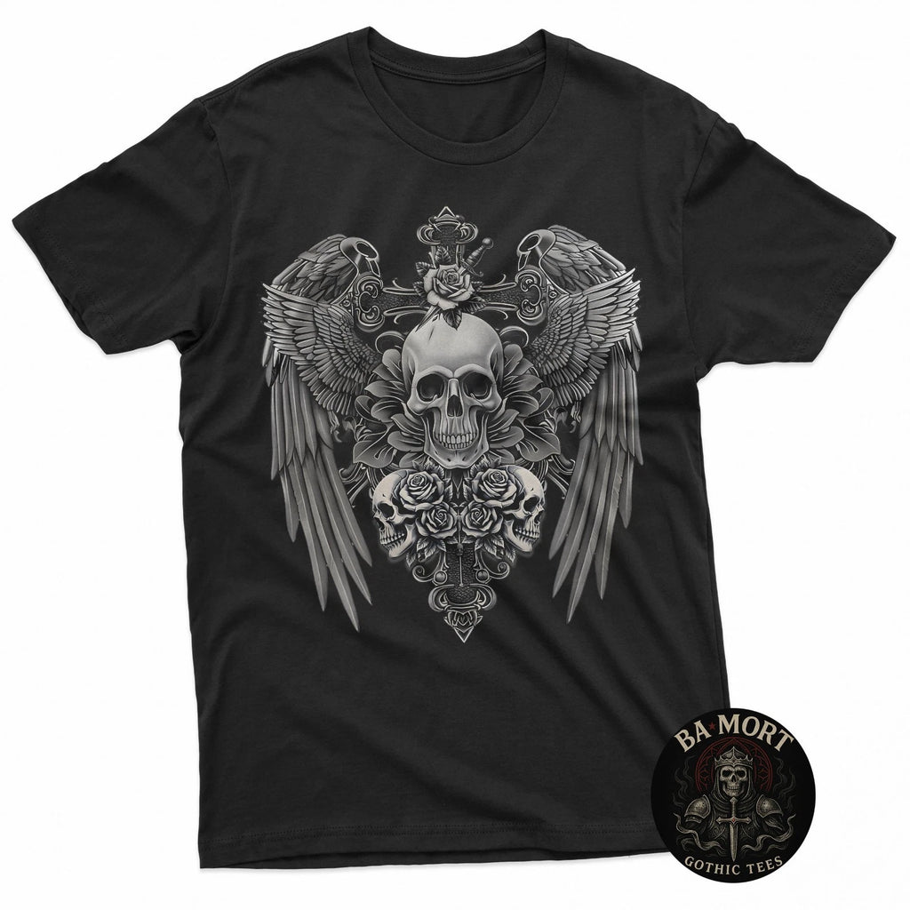 Funny Y2K Grunge Aesthetic Wings Alt Goth Skull Cross Gothic T-Shirt