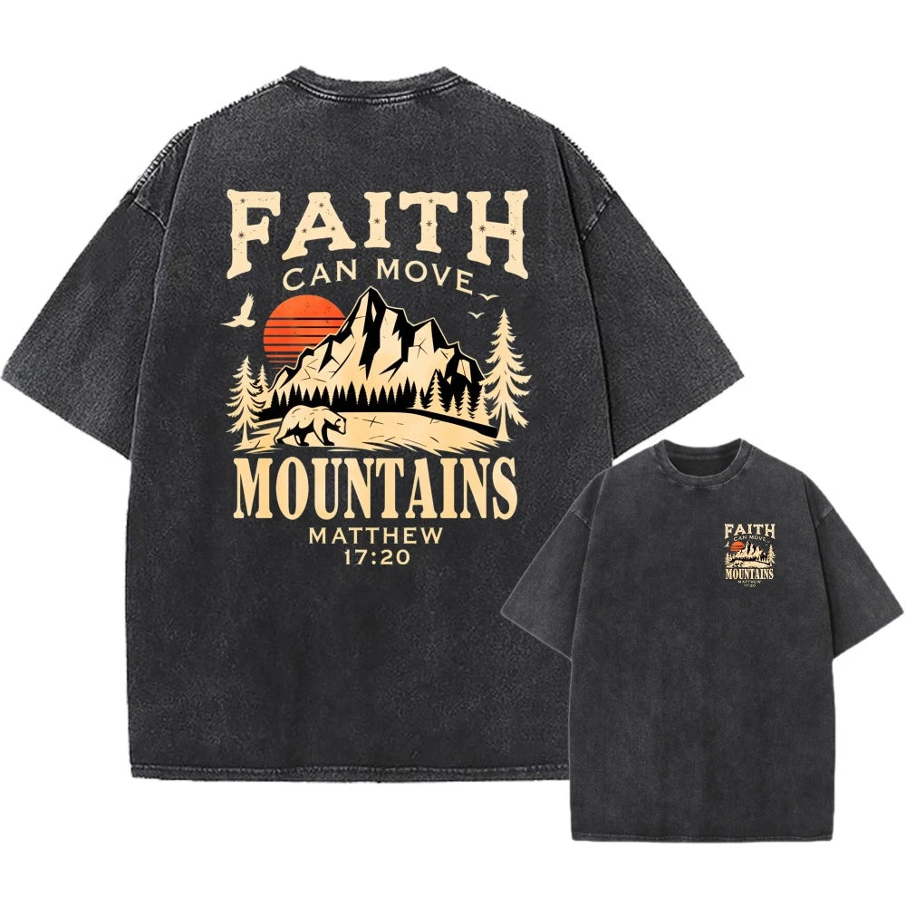 Washed Oversized T-Shirt, "Faith Can Move Mountains" Christian Unisex Casual Tee
