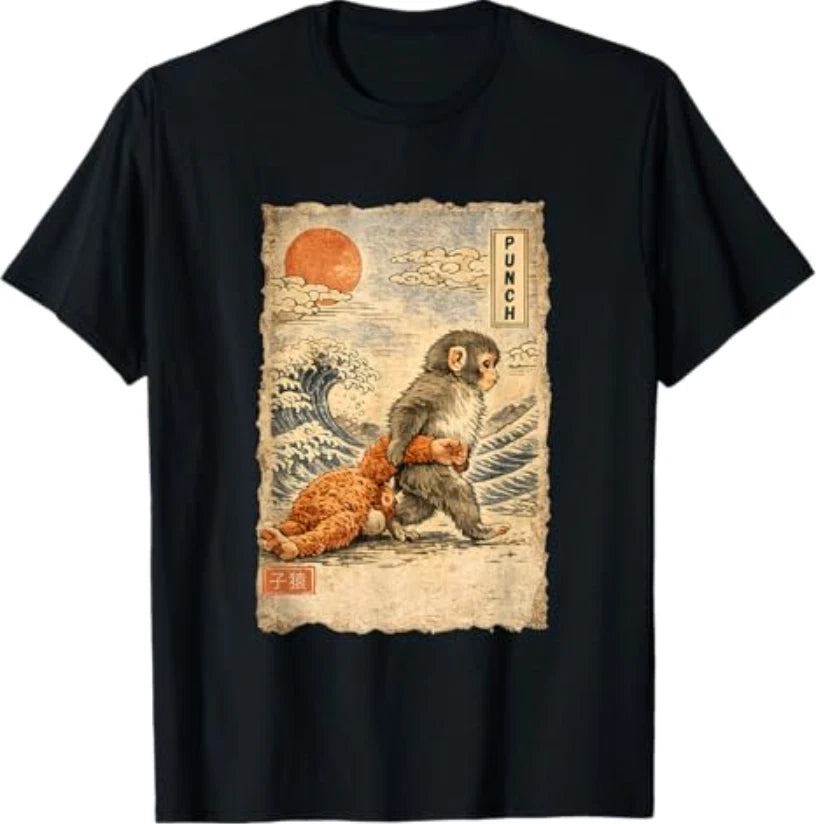 Kawaii Baby Monkey Punch Cute Japanese Macaque Ukiyo-e Art T-Shirt