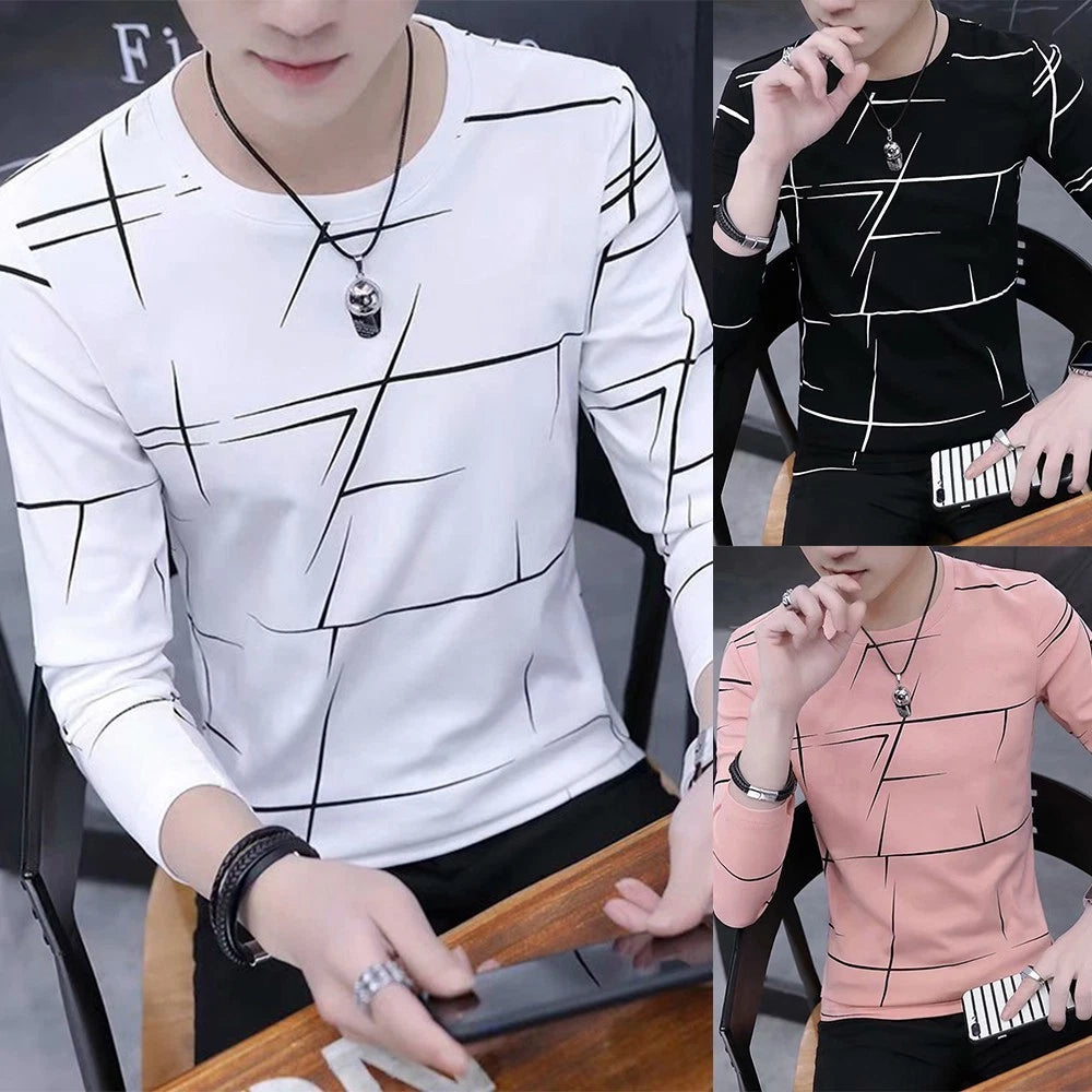 Mens Crew  Neck Print T-shirt Blouse Pullover Long Sleeve Slim Fit Muscle Top.