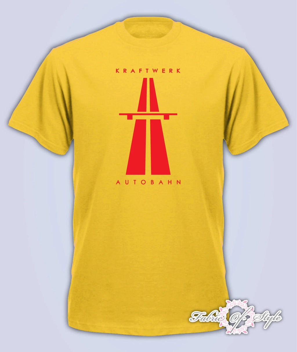 KRAFTWERK Tribute   AUTOBAHN RETRO TECHNO Mens T-Shirt Yellow Red