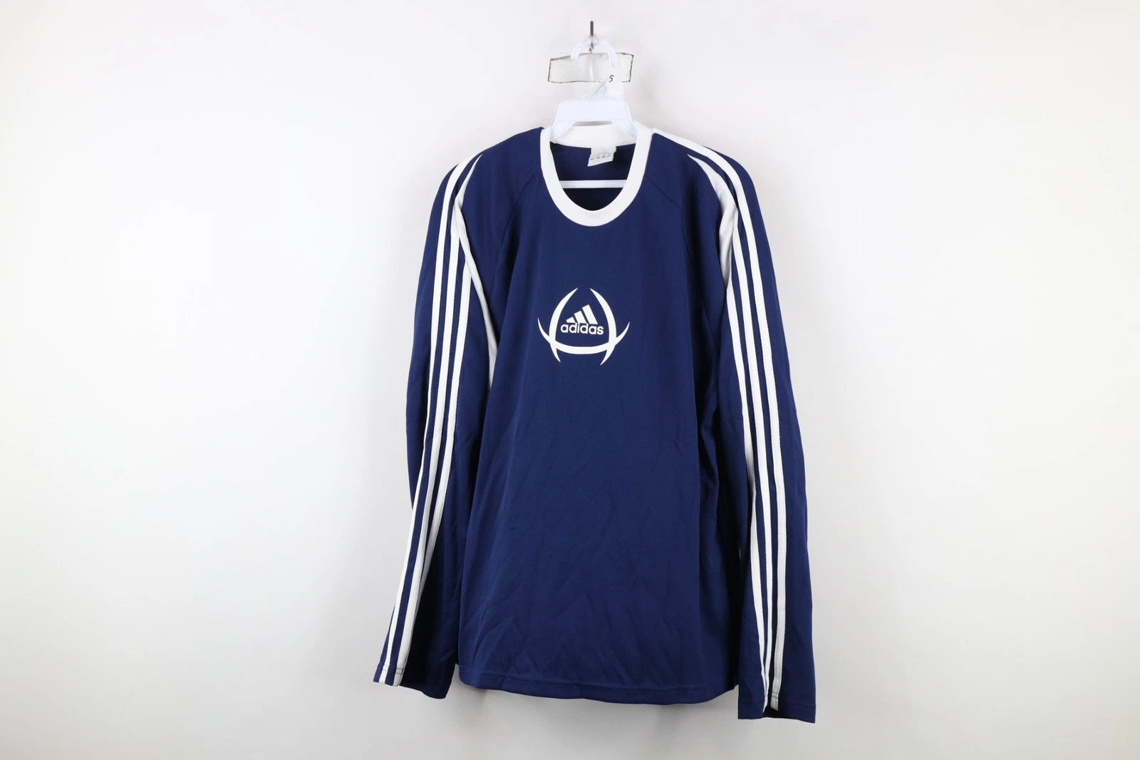 Vintage Adidas Mens Large Spell Out Striped Long Sleeve Soccer Football Jersey