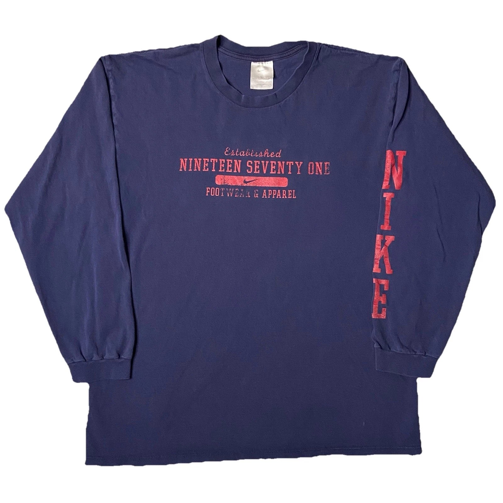 Nike Y2K Tag Swoosh Long Sleeve Large XL Navy Faded Worn SPELLOUT  Print T-shirt