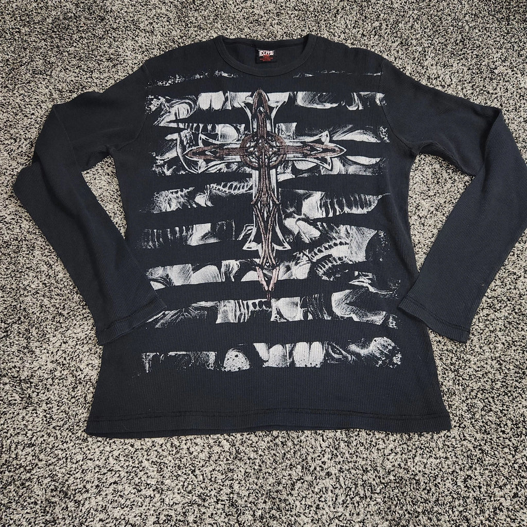 Y2K MMA Elite Long Sleeve Thermal Shirt Mens L Black Skull Cross Grunge Punk Emo