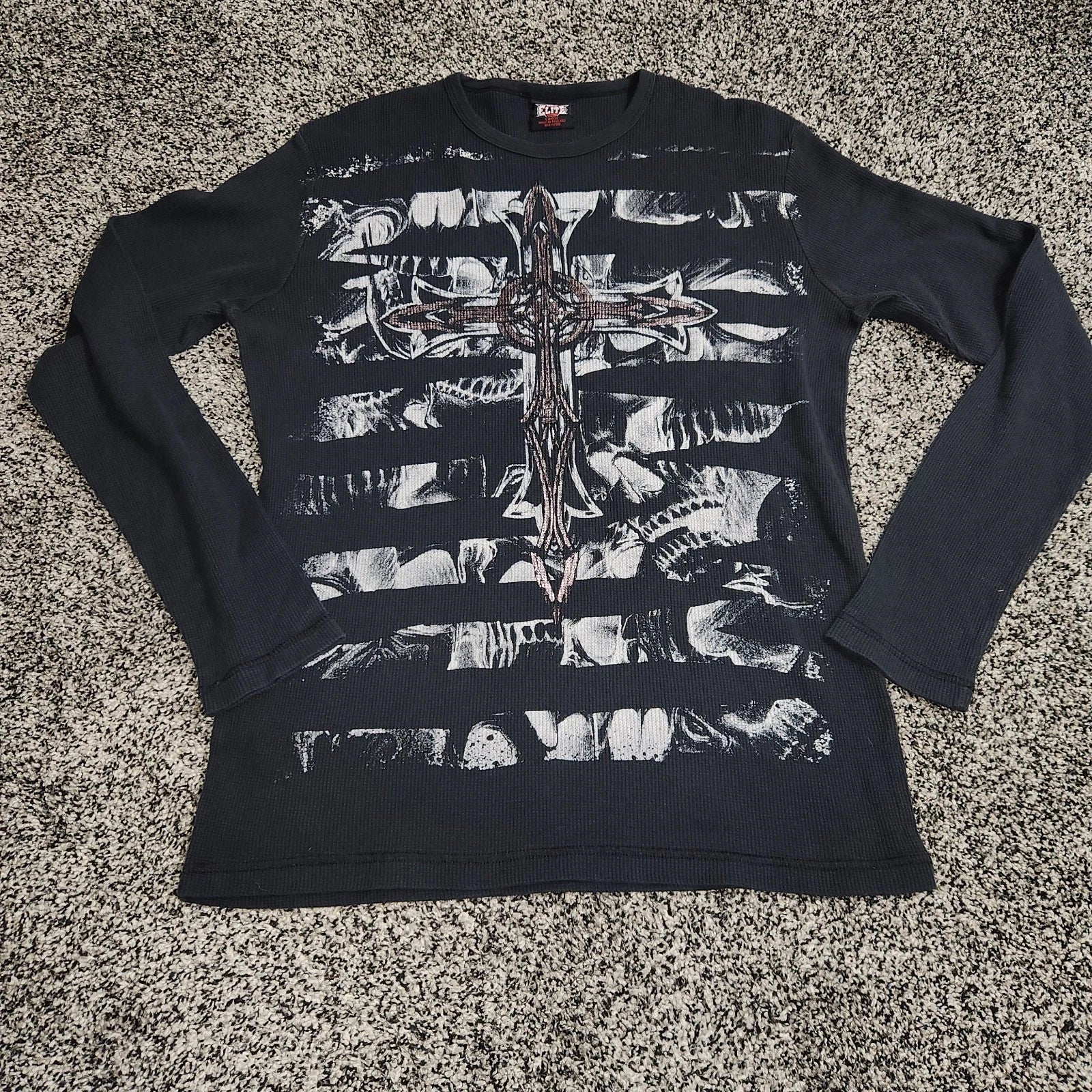 Y2K MMA Elite Long Sleeve Thermal Shirt Mens L Black Skull Cross Grunge Punk Emo