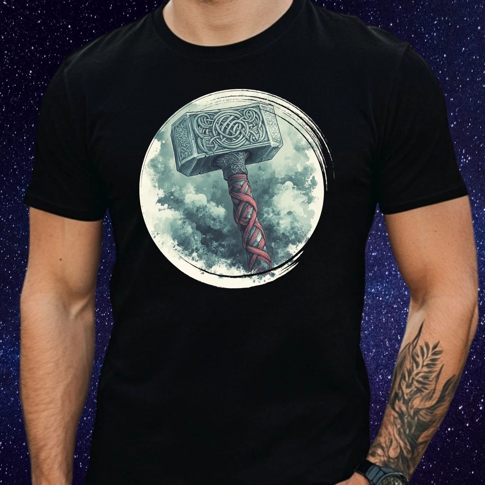 Mens Mjolnir Knot Hammer Motif Cotton T-Shirt Size XS to 5XL