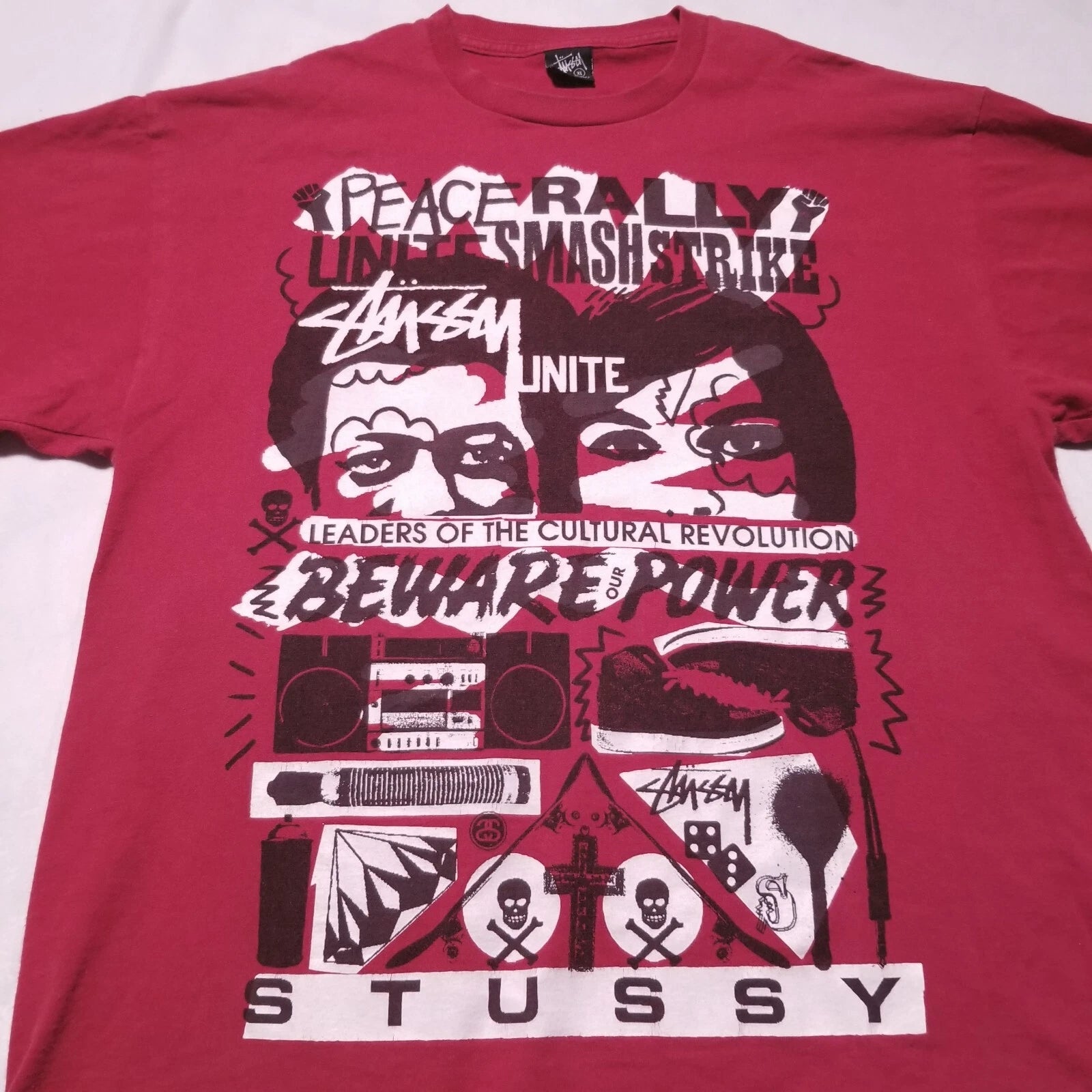 Vintage Y2K Stussy Peace Rally Protest T Shirt Mens XL Red Cultural Revolution